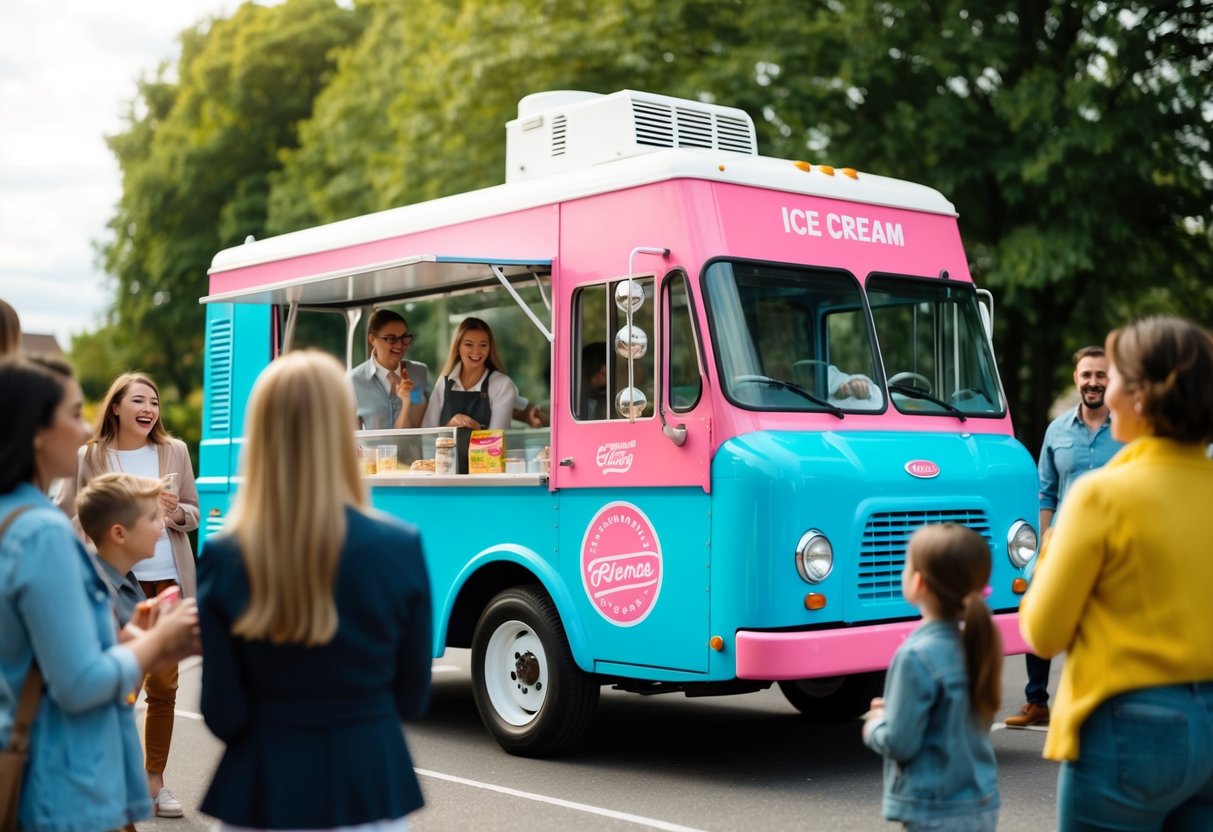 A colorful ice cream truck surrounded by happy customers
