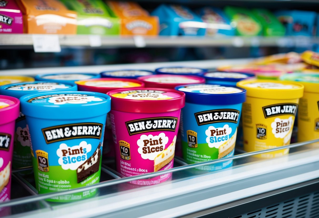 A colorful display of discounted Ben and Jerry's pint slices in a freezer at a grocery store
