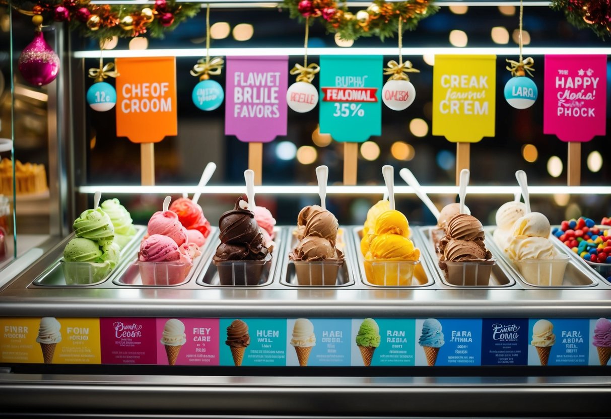 A colorful display of ice cream flavors with seasonal decorations and promotional signs