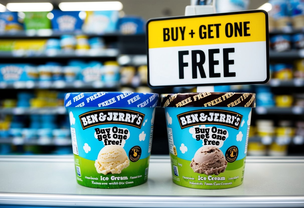 Two pints of Ben and Jerry's ice cream on a store shelf, with a prominent "Buy One Get One Free" sign above them