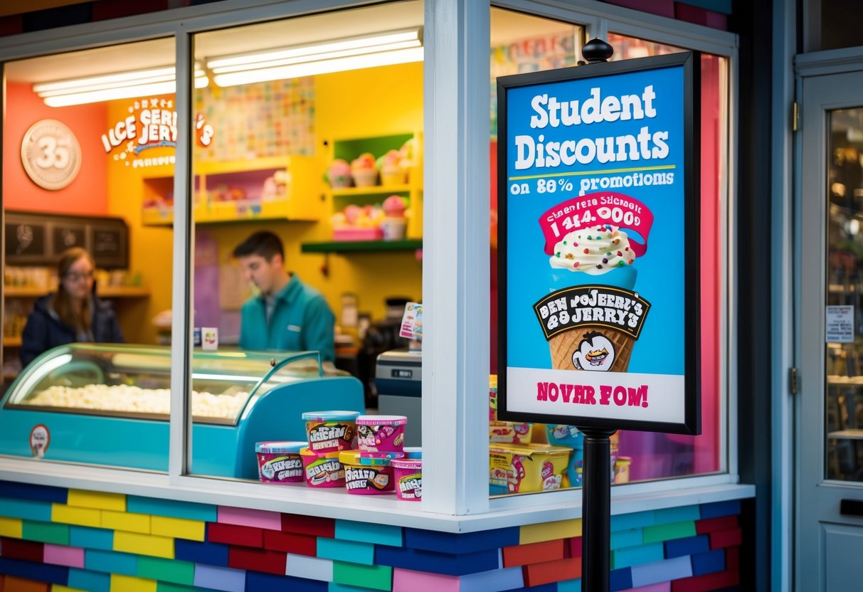A colorful ice cream shop with a sign advertising student discounts and promotions on Ben and Jerry's products