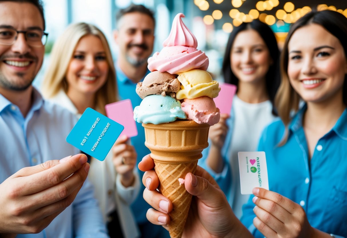 A colorful ice cream cone surrounded by happy customers with loyalty cards