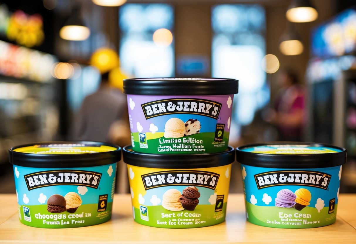 A colorful display of limited edition Ben and Jerry's ice cream flavors with promotional signs
