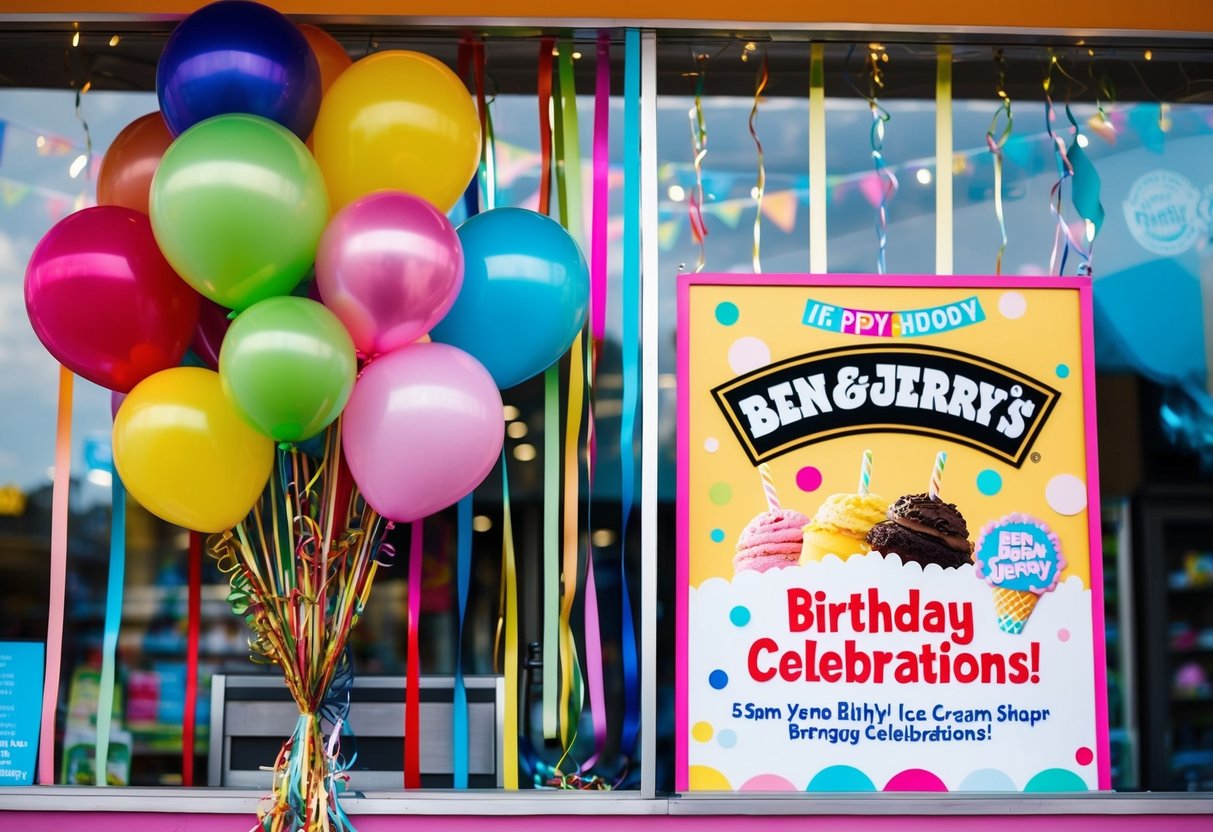 Colorful balloons and streamers decorate a festive ice cream shop, with a large sign promoting Ben & Jerry's birthday celebrations
