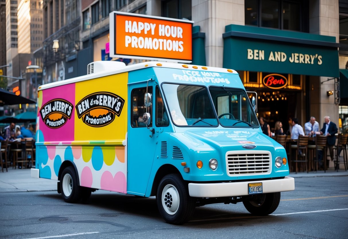 A colorful ice cream truck parked outside a bustling city bar, with a large sign advertising "Happy Hour Promotions" and "Ben and Jerry's Promotions."