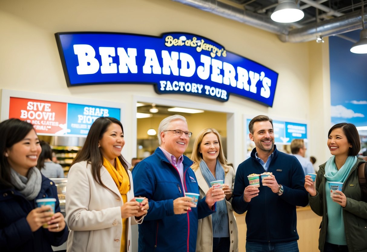 People enjoying factory tour discounts at Ben and Jerry's, with promotional signs and happy customers