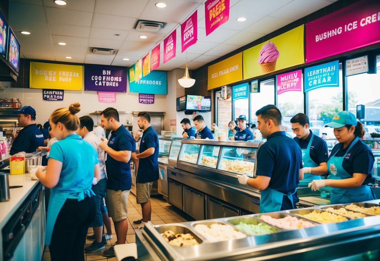 A bustling ice cream shop with colorful banners and signs advertising various promotions. Customers line up eagerly, while staff members busily prepare orders