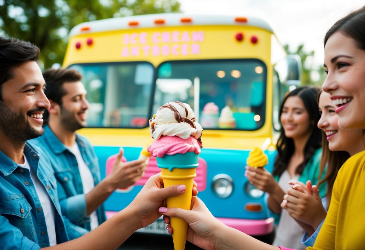 A colorful ice cream truck surrounded by happy customers
