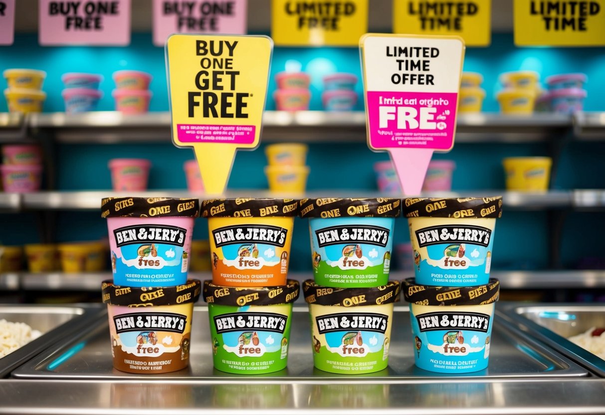 A colorful display of Ben & Jerry's ice cream pints with "Buy One Get One Free" signs and "Limited Time Offer" banners