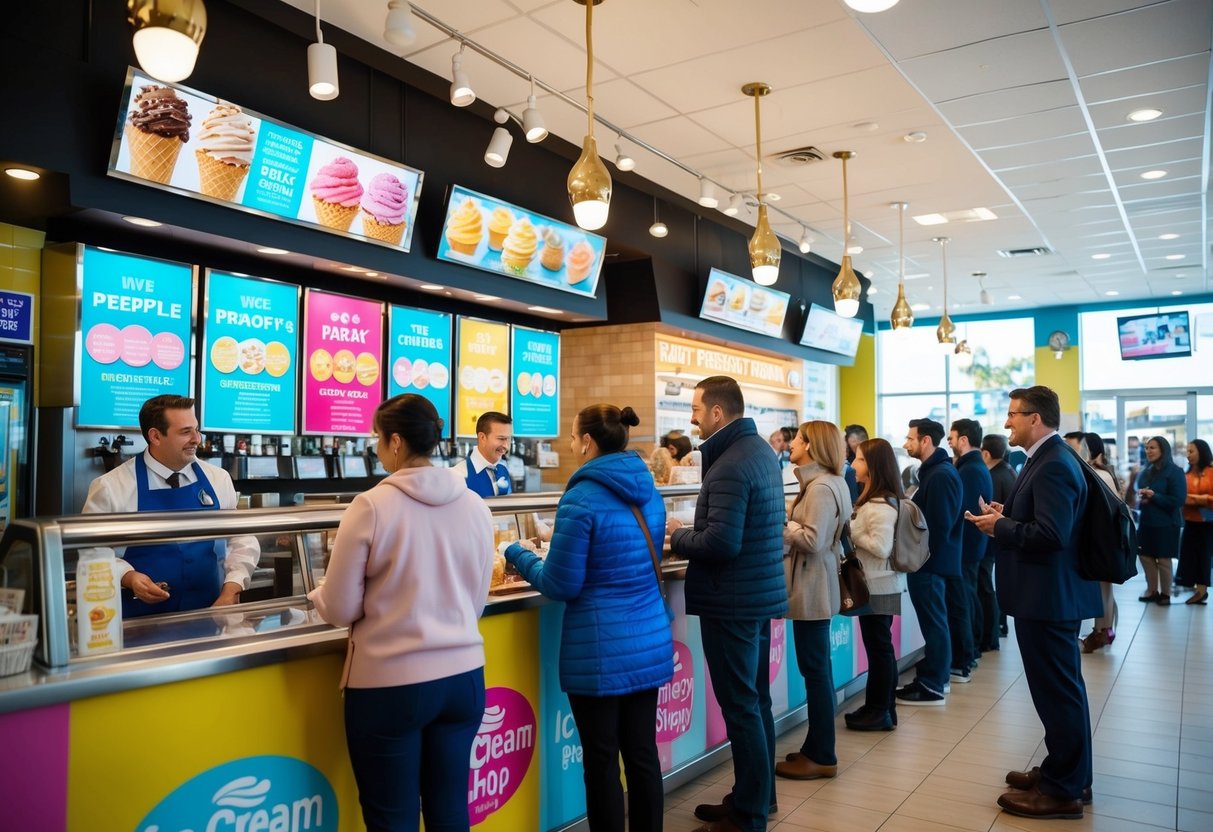 A bustling ice cream shop with people lined up, colorful promotions displayed, and a friendly staff answering questions