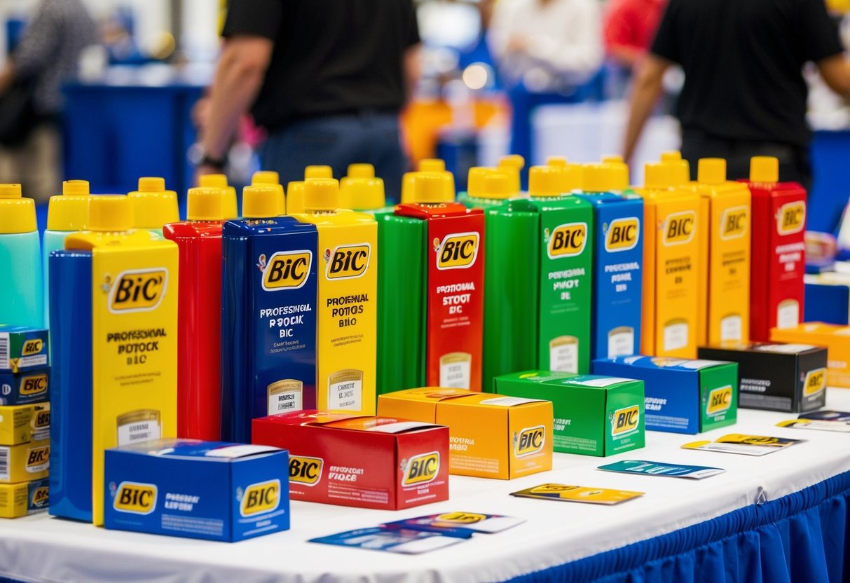 A colorful array of BIC branded promotional products displayed on a table at a trade show