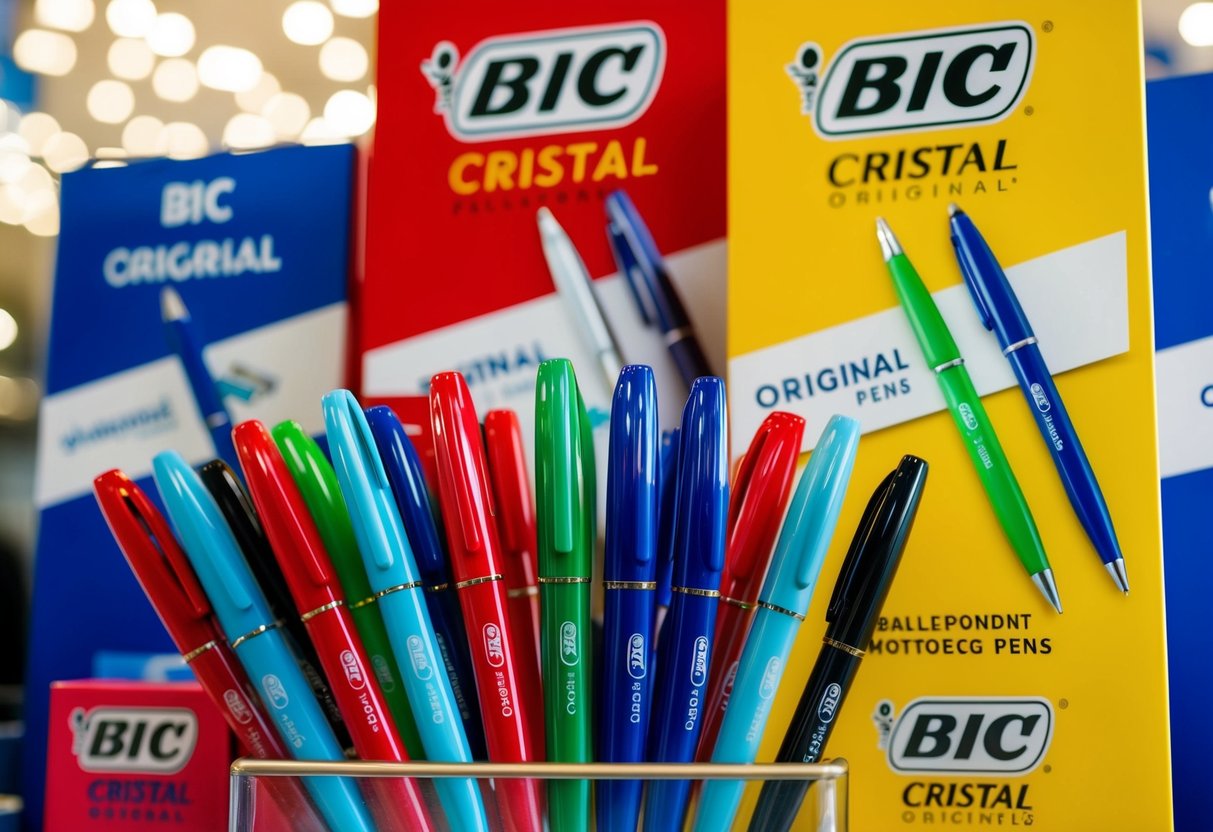A vibrant display of BIC Cristal Original ballpoint pens surrounded by promotional materials