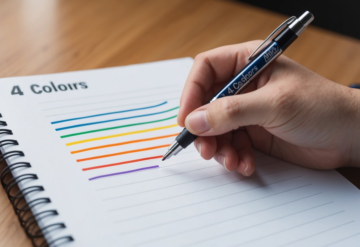 A hand holding a BIC 4 Colours Ballpoint Pen, with four different colored lines flowing out onto a blank page