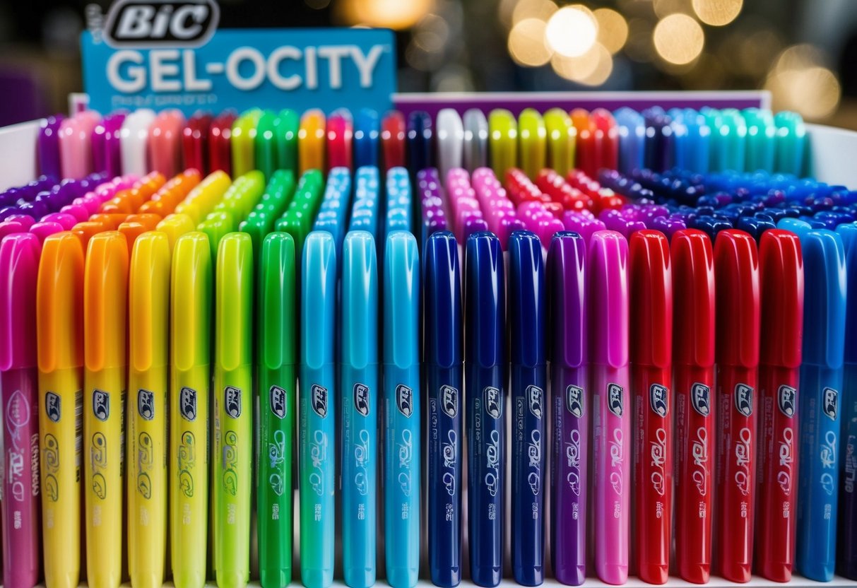 A colorful array of BIC Gel-ocity Quick Dry Gel Pens arranged in a promotional display