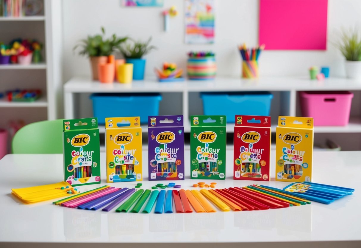 A colorful array of BIC Kids Colour & Create Activity Set materials spread out on a clean, white tabletop