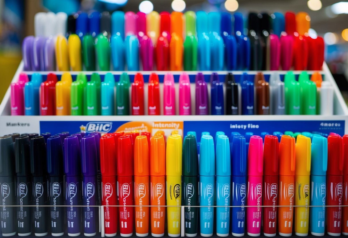 A colorful array of BIC Intensity Fine Permanent Markers arranged in a promotional display