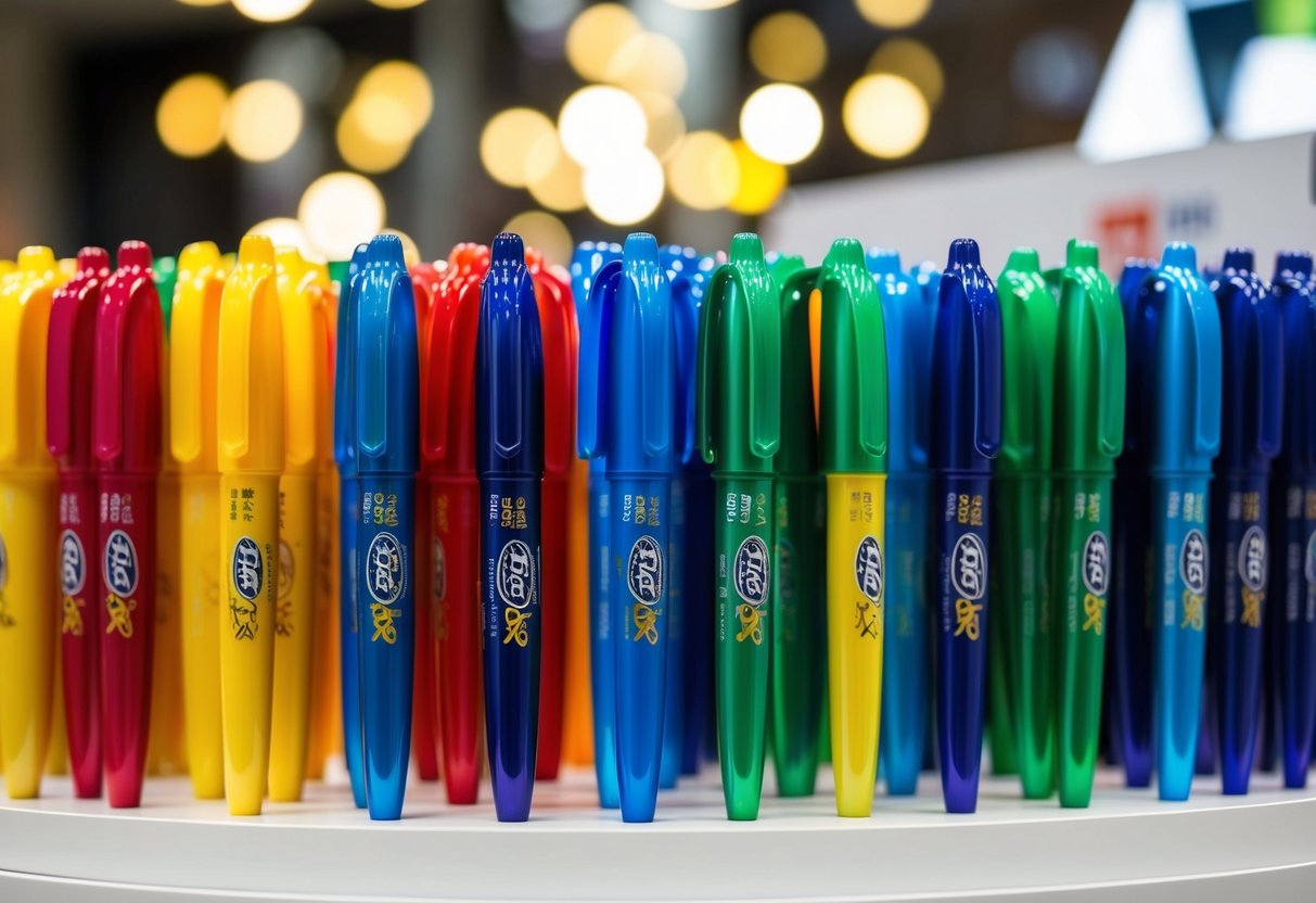 A colorful display of BIC Round Stic Xtra Life ballpoint pens arranged in an eye-catching promotional setup