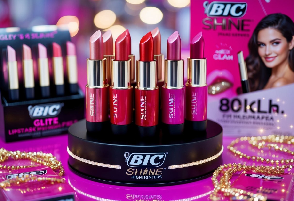 A vibrant display of BIC Shine Lipstick Highlighters in Glitz & Glam shades, surrounded by sparkling promotional materials