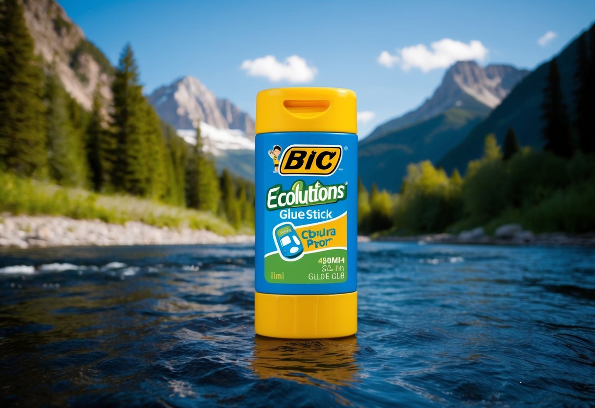 A colorful BIC EcoLutions Glue Stick surrounded by adventurous outdoor elements like mountains, trees, and a flowing river