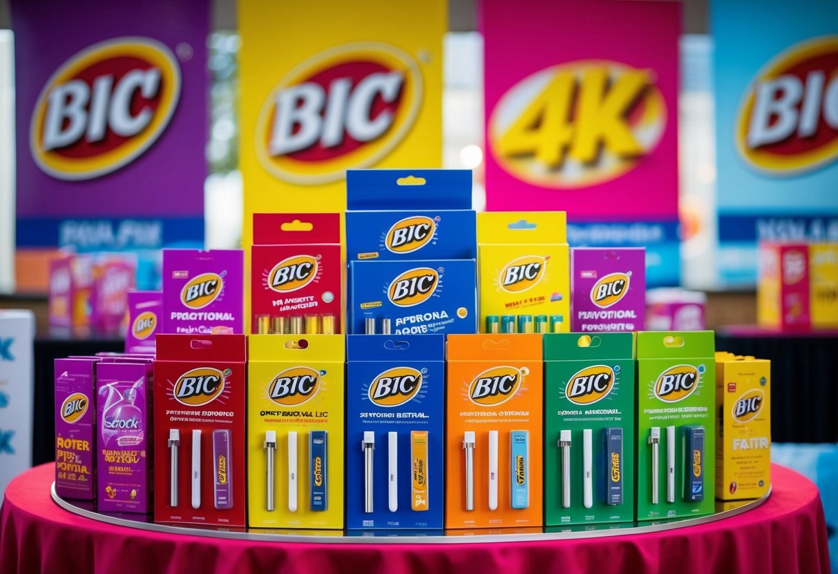 A vibrant display of Bic promotional products arranged on a table, with colorful banners and posters in the background