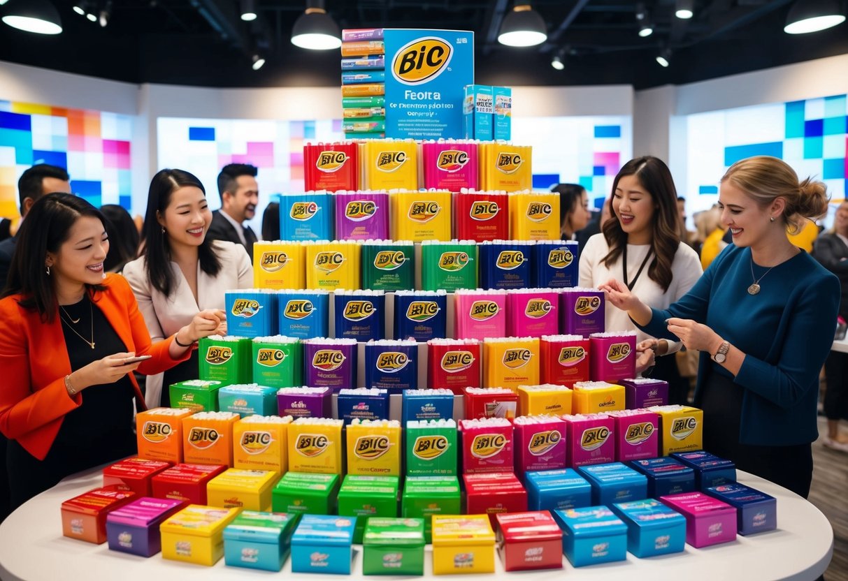 A colorful array of Bic products arranged in a dynamic and eye-catching display, surrounded by happy and engaged customers interacting with the items