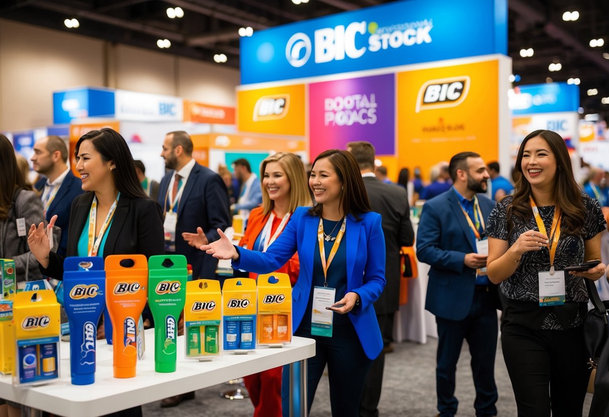 A bustling trade show floor with colorful Bic-branded promotional products displayed on tables and in the hands of excited attendees