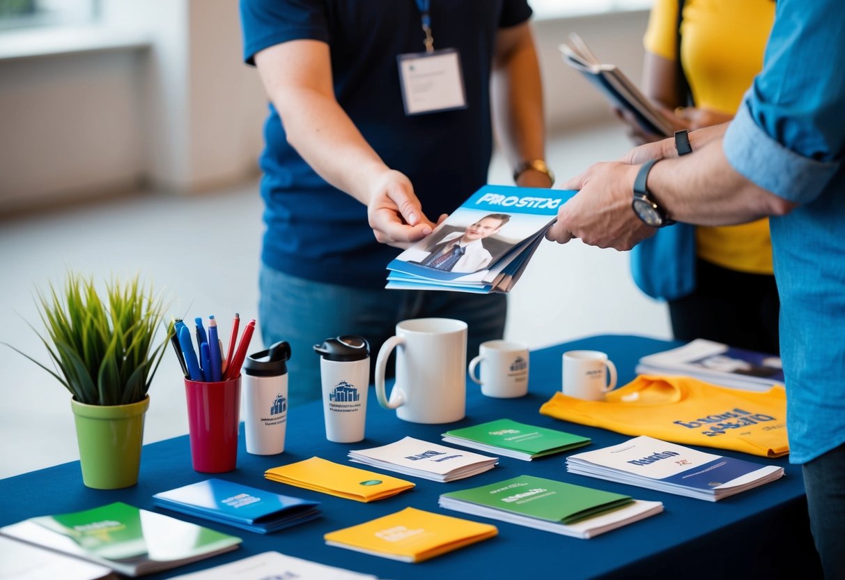 A table with various promotional items such as pens, mugs, and t-shirts. A person is handing out brochures to interested customers