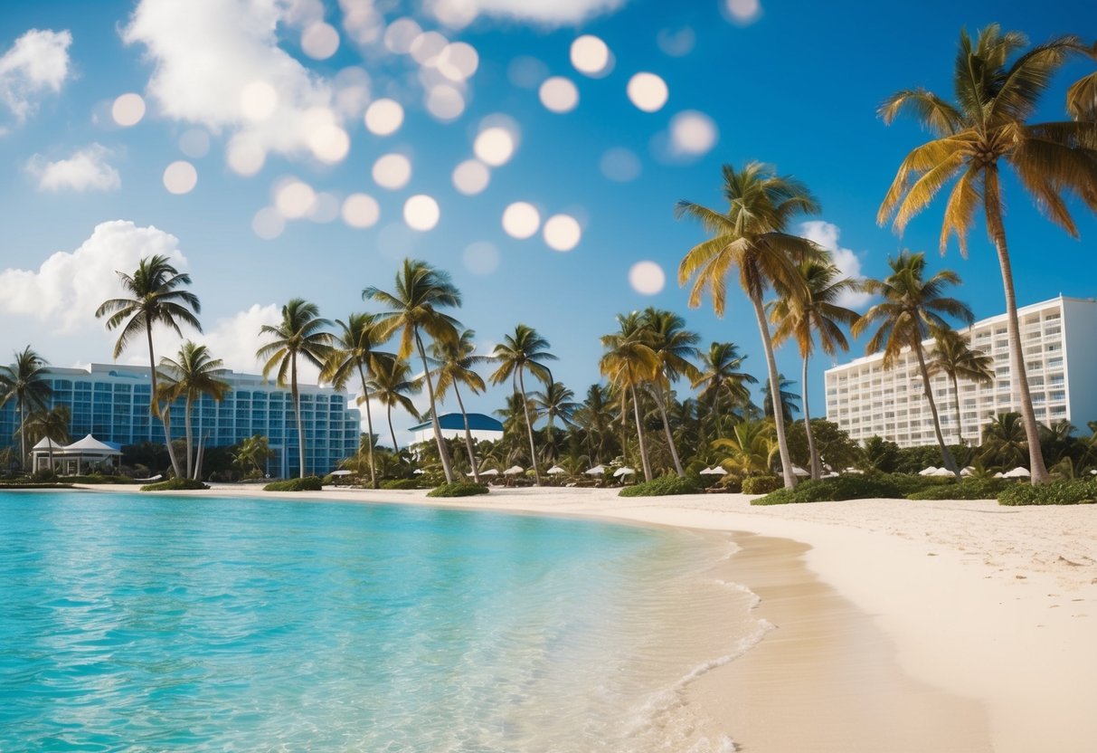 A tropical beach with palm trees, clear blue water, and luxurious resort buildings