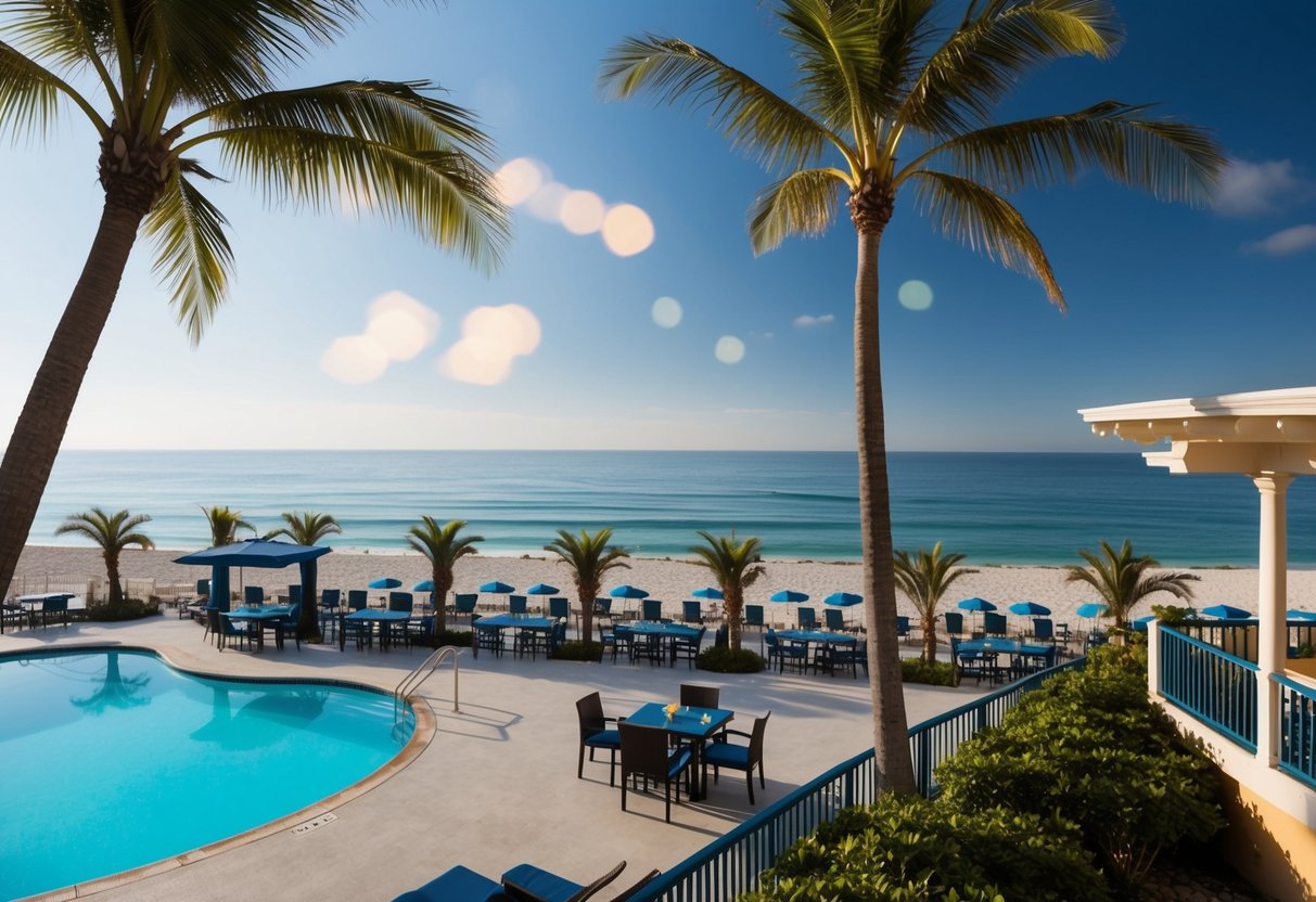 A beachfront hotel with palm trees, a swimming pool, and a restaurant with outdoor seating overlooking the ocean