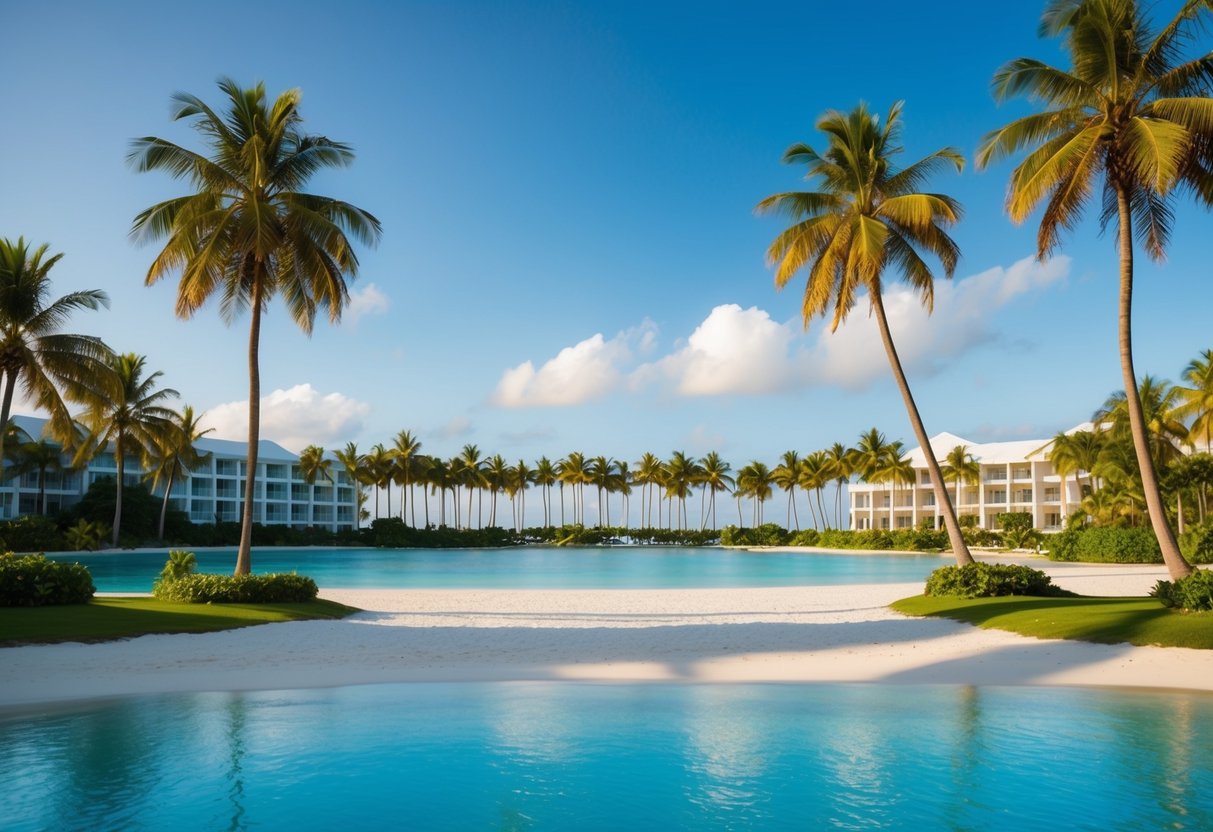 A serene beach with palm trees and clear blue water, surrounded by a luxurious resort with white sand and lush greenery