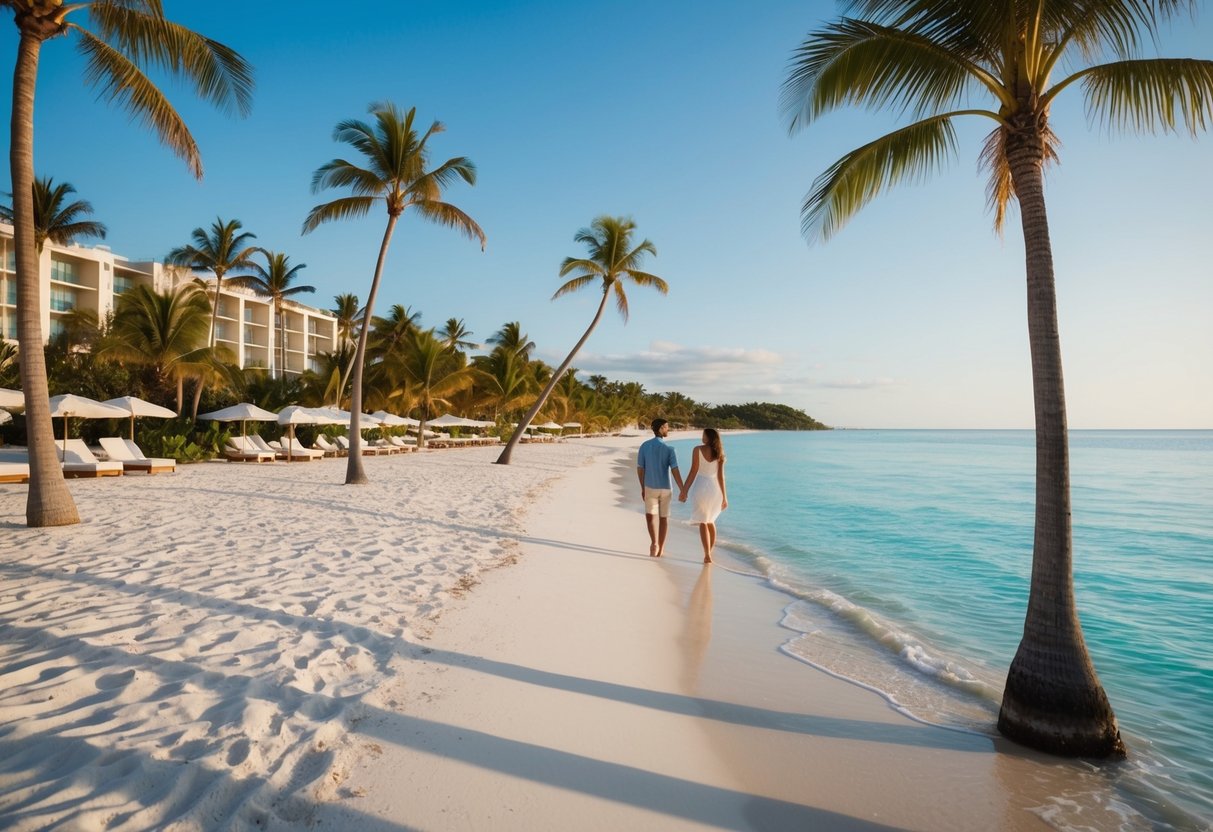 A luxurious beachfront resort with palm trees, white sandy beaches, and crystal clear waters. A couple strolling hand in hand along the shore