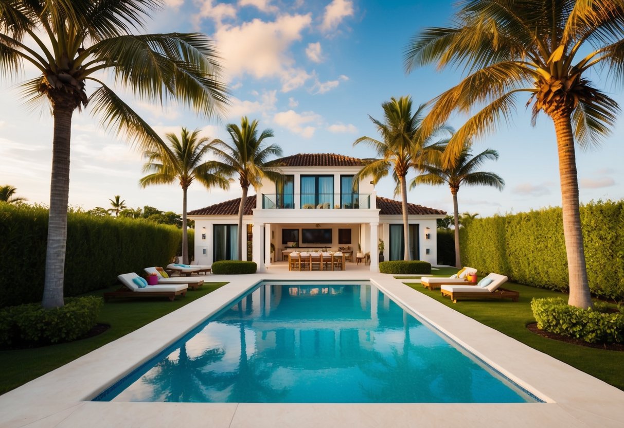 A beachside villa with palm trees, pool, and family activities