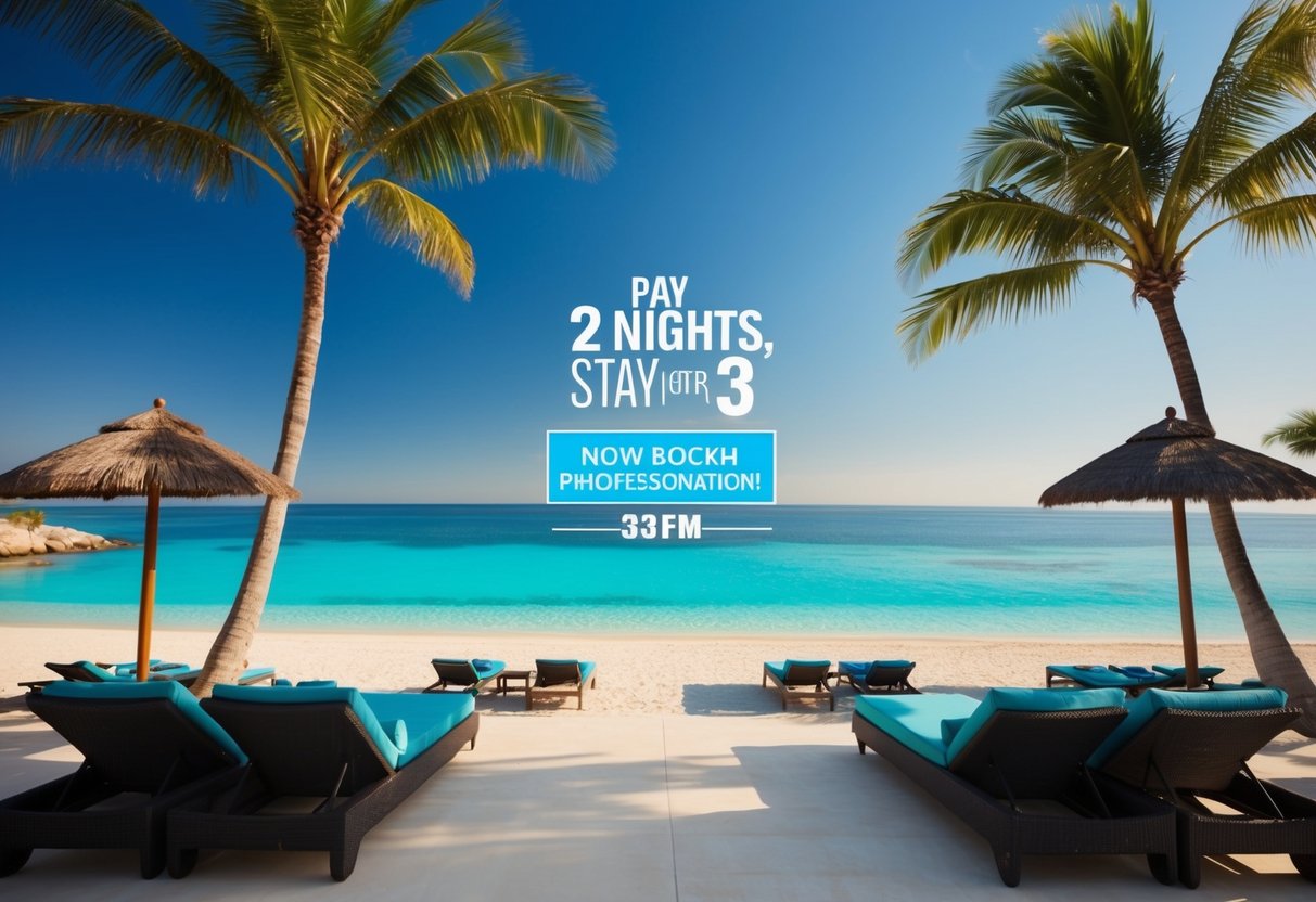 A serene beachfront resort with palm trees, lounge chairs, and a crystal-clear ocean, offering a "pay for 2 nights, stay for 3" promotion