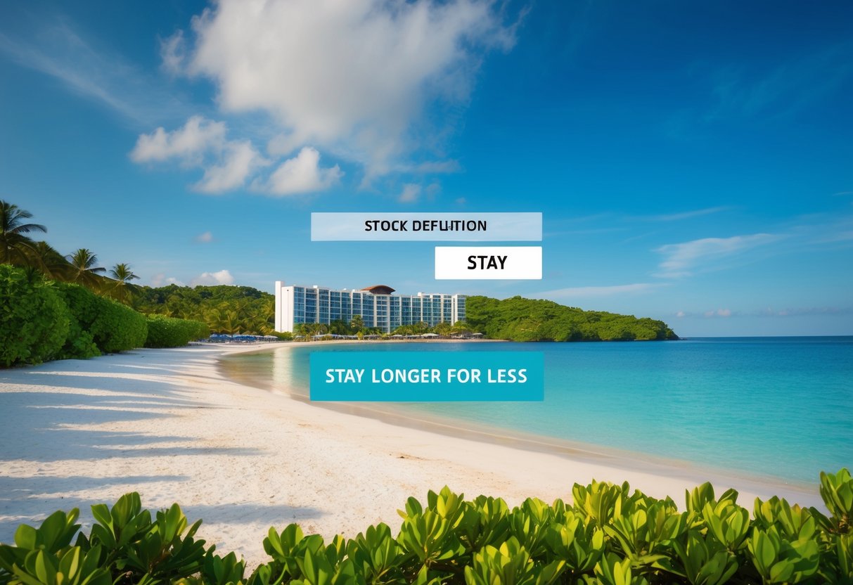 A serene beach with lush greenery, a clear blue sky, and a luxurious resort with a prominent 'stay longer for less' offer displayed