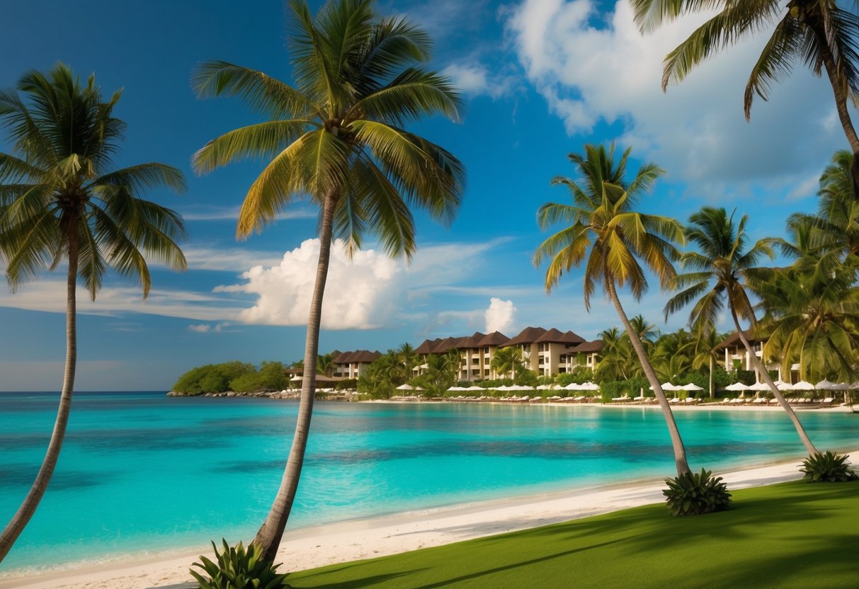 A lush tropical beach with luxurious resorts nestled among palm trees and crystal-clear waters, offering the best of Bintan's natural beauty and relaxation