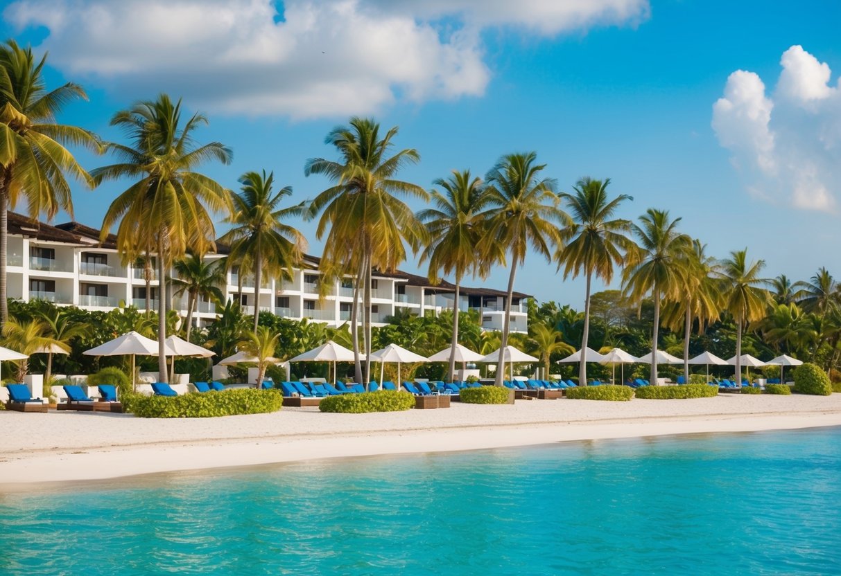 A tranquil beach with luxurious resorts, palm trees, and clear blue waters, surrounded by lush greenery and offering various recreational activities