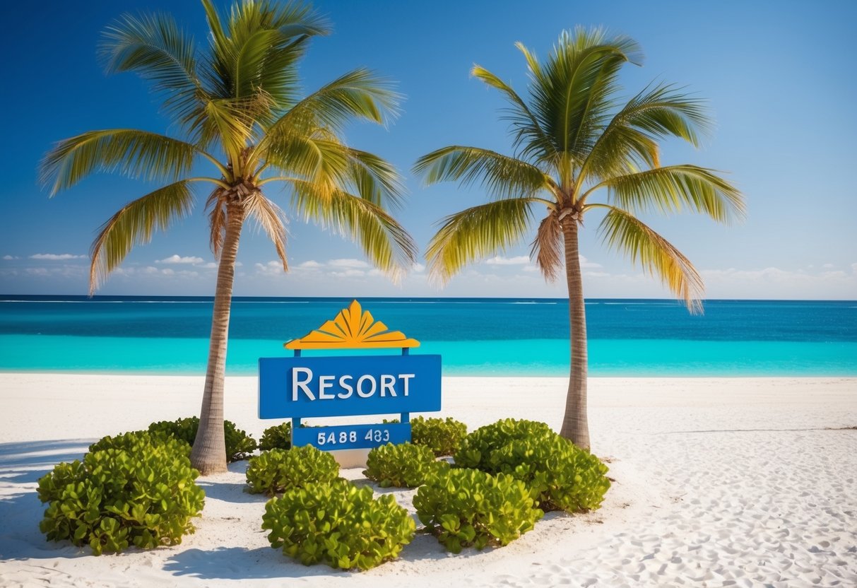 A tropical beach with palm trees and a resort sign, surrounded by clear blue water and white sandy beaches