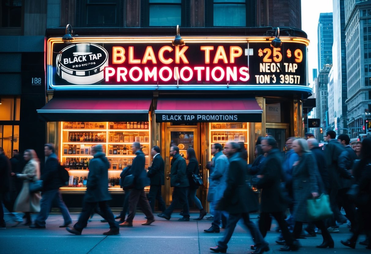 A bustling city street with a neon-lit storefront advertising "Black Tap Promotions" with a crowd of people passing by