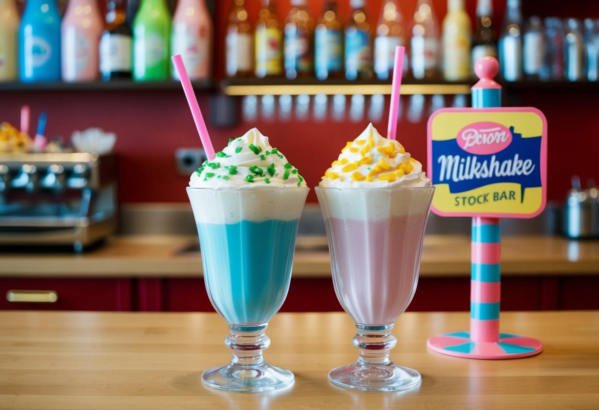 A colorful milkshake bar with two overflowing glasses and a vibrant promotional sign