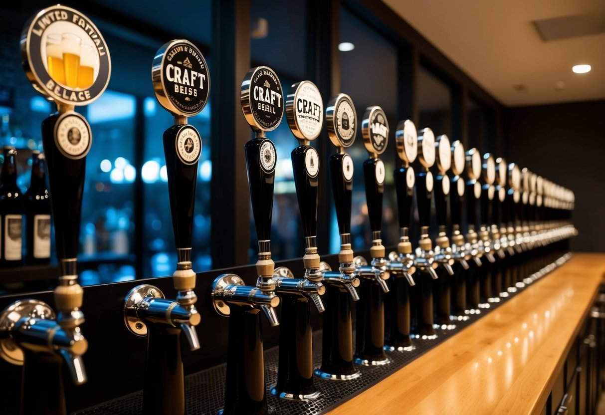 A dimly lit taproom with rows of black craft beer taps, showcasing limited-edition releases