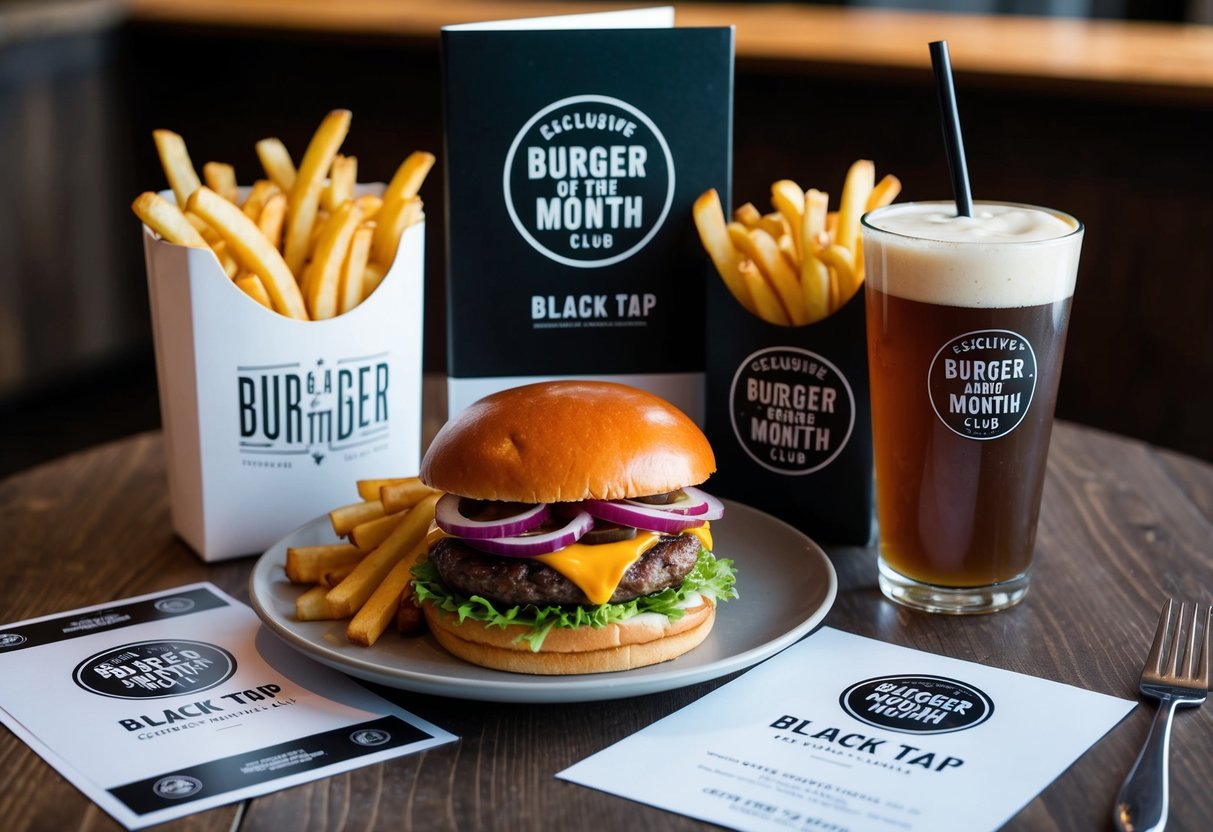 A table set with a gourmet burger, fries, and a drink, surrounded by promotional materials and a logo for the Exclusive Burger of the Month Club by Black Tap