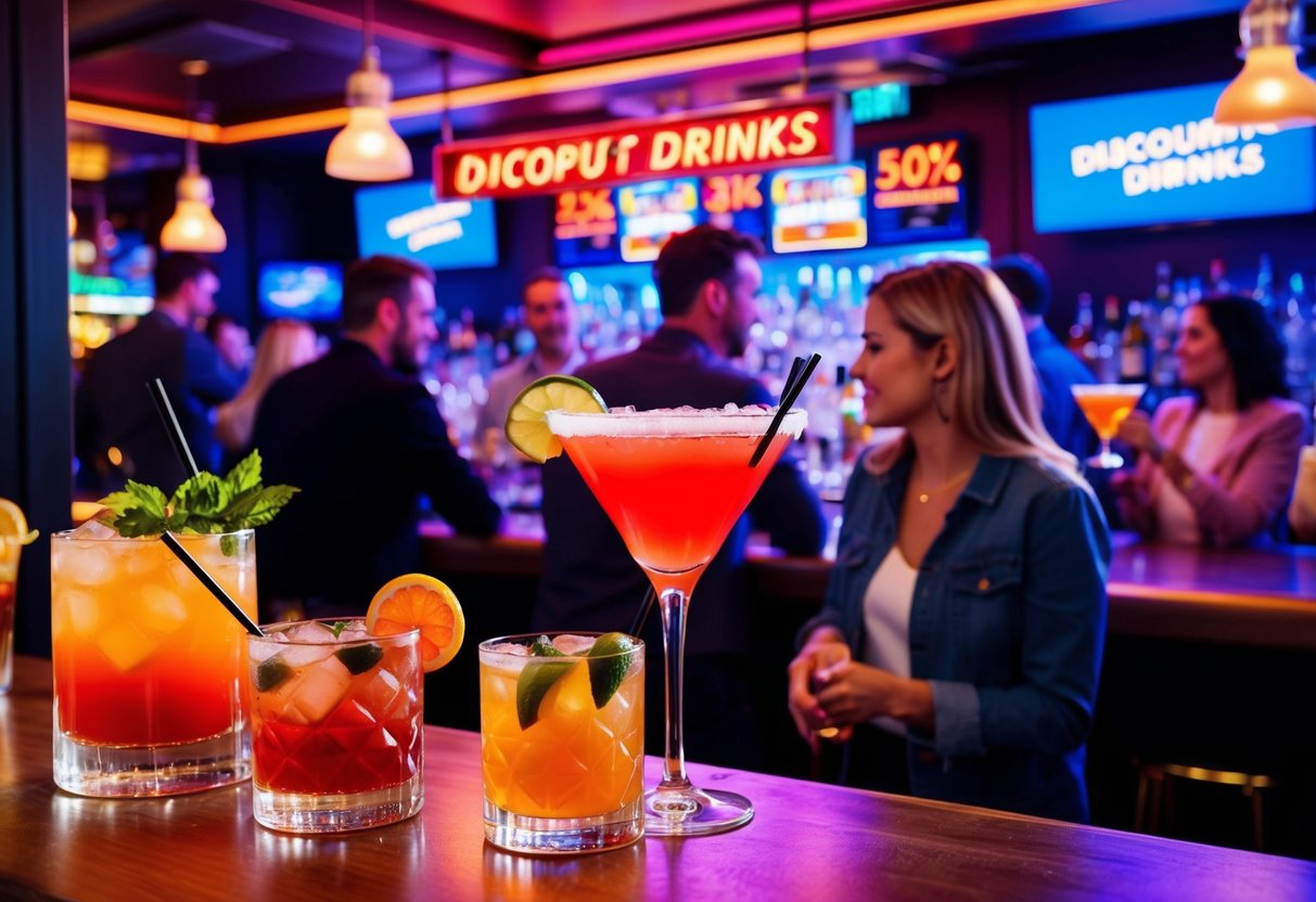A bustling bar scene with colorful cocktails, neon signs, and people enjoying discounted drinks