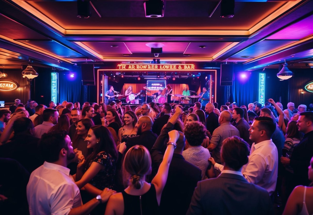 A bustling bar with neon lights, a stage, and a crowd dancing to live music