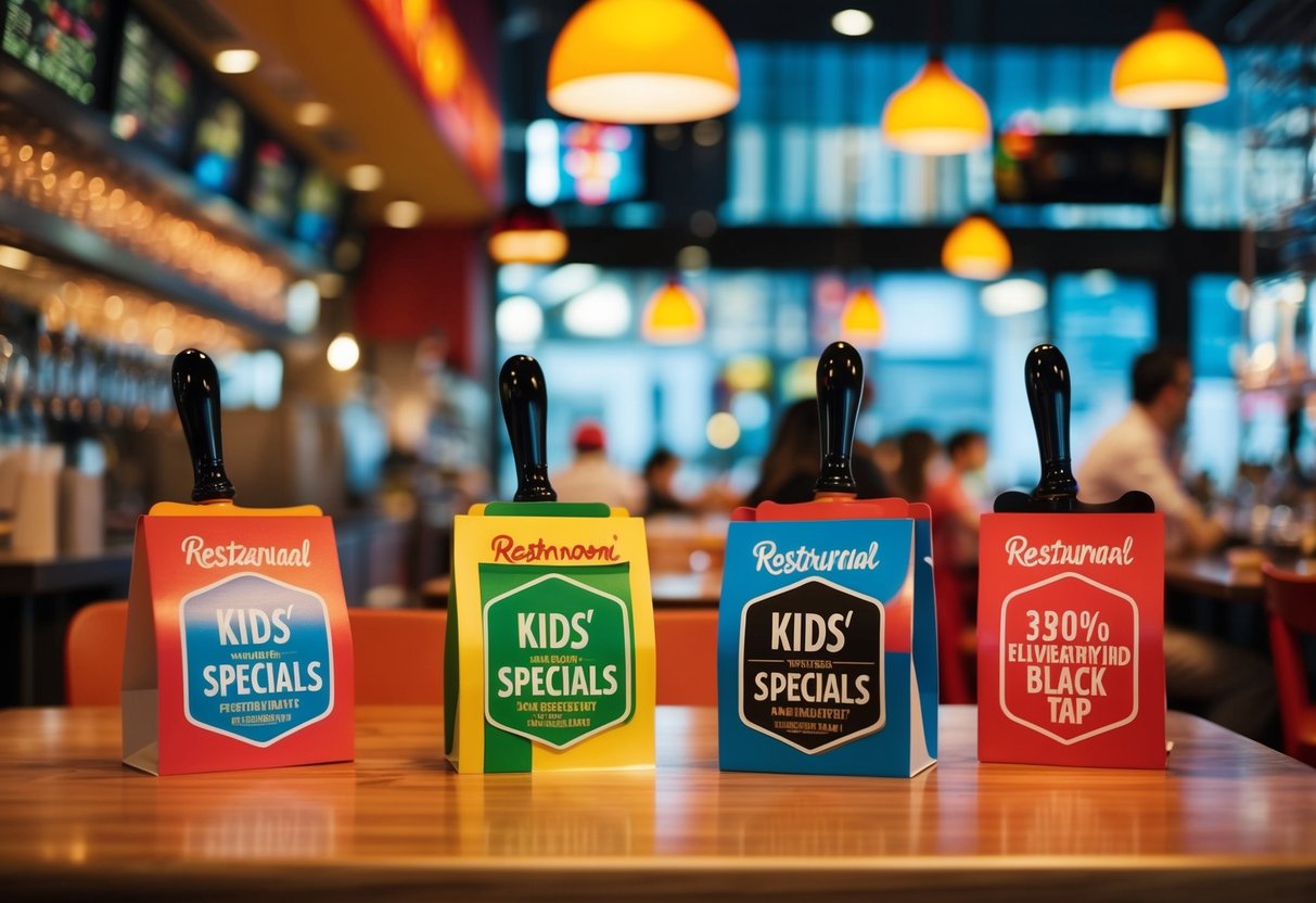 A lively restaurant scene with colorful kids' specials and vibrant Black Tap promotions