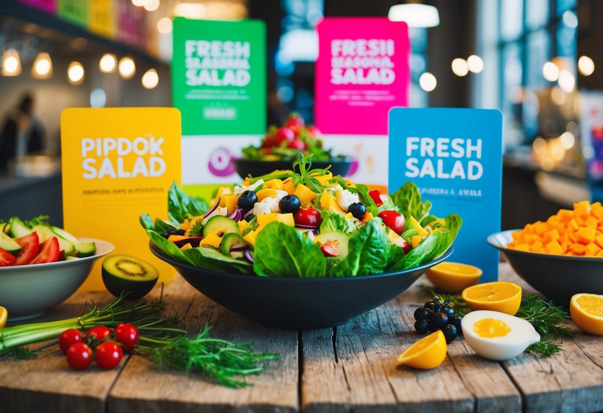 A vibrant display of fresh seasonal salad ingredients arranged on a rustic wooden table, surrounded by colorful promotional signage