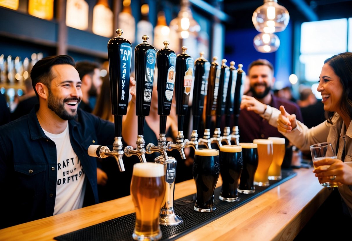 A lively tap takeover event with black tap promotions, featuring a variety of craft beer taps and enthusiastic patrons