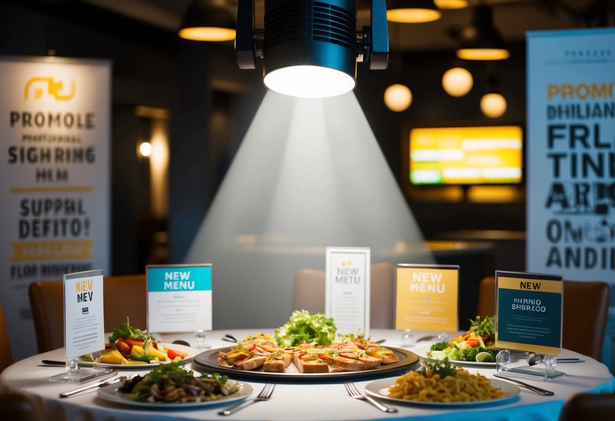 A spotlight shines on a table with a colorful array of new menu items, surrounded by promotional signage and branding materials