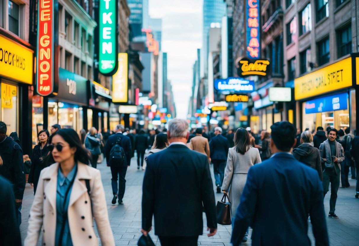 A bustling city street with neon signs, crowded storefronts, and people walking by