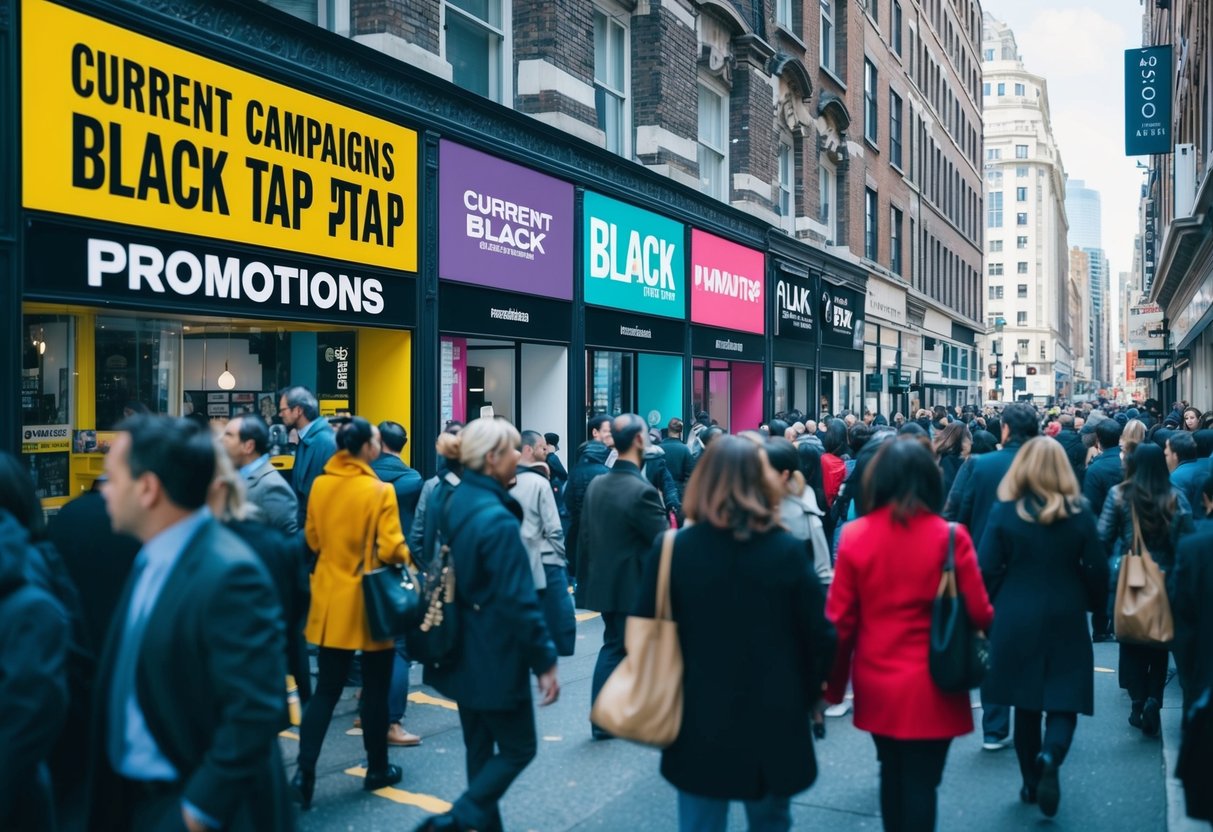 A crowded city street with a colorful storefront advertising "Current Campaigns black tap promotions" in bold letters