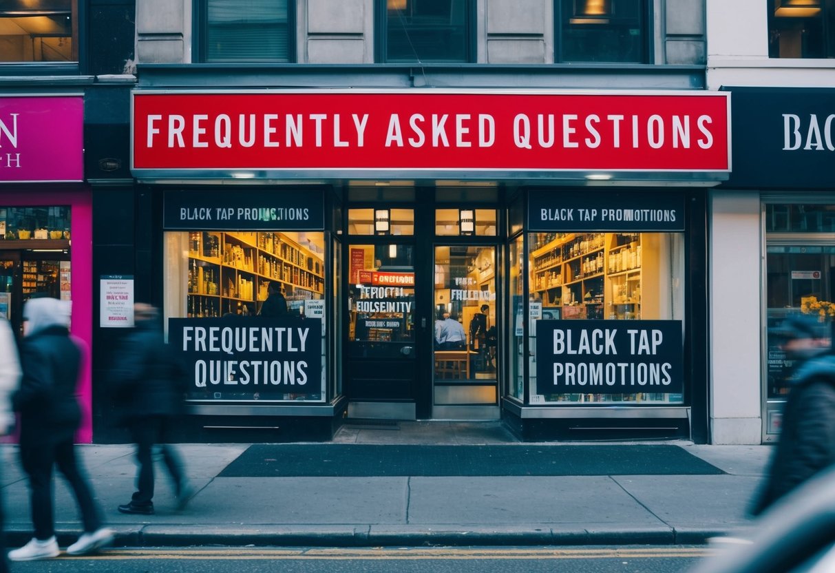 A bustling city street with a vibrant storefront displaying "Frequently Asked Questions" and "black tap promotions" in bold lettering